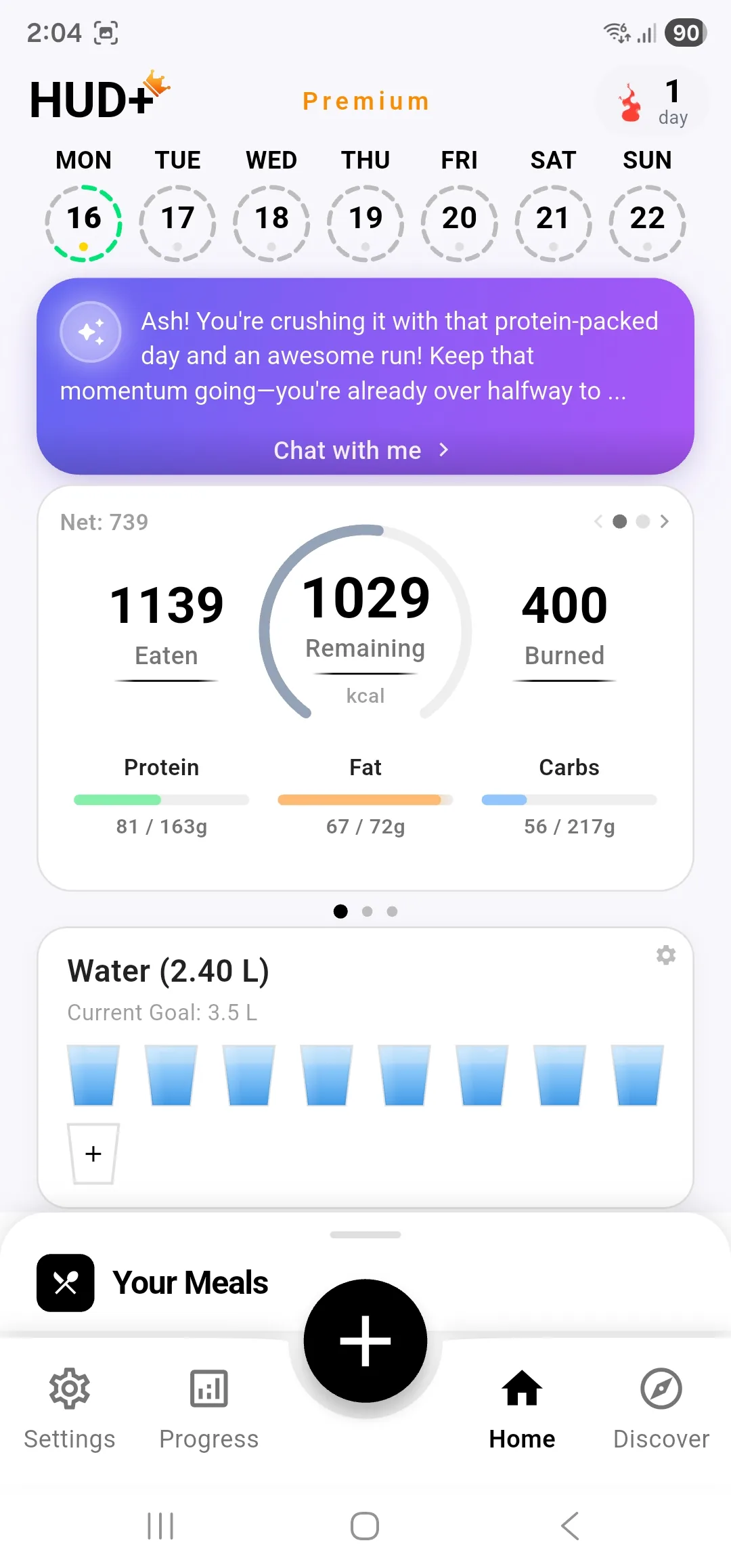 HUD+ calorie dashboard with today’s macros
