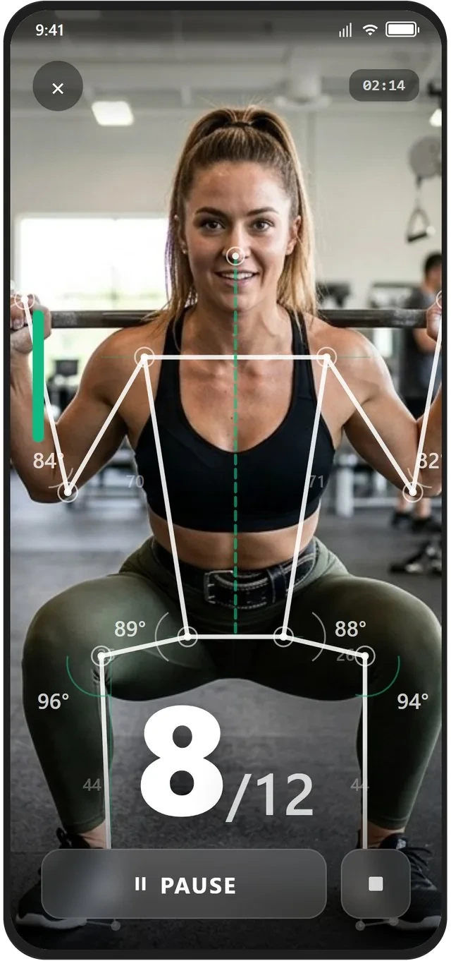 HUD+ AI form coach grading a squat with pose detection